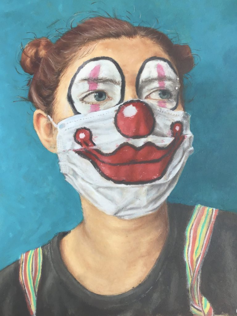 image of painting of girl with clown makeup over face mask