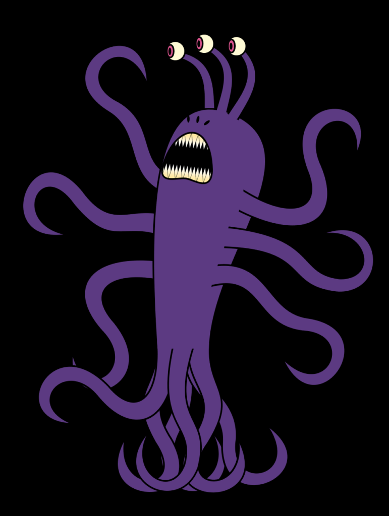 cartoon of four-eyed octopoid purple monster