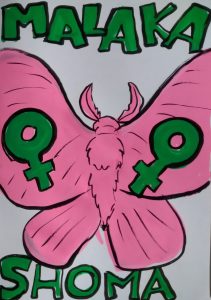 A drawing of a pink moth, with the symbols for female in green on it's wings. The word Malaka is a the top of the picture in green letters and the work shoma is at the bottom