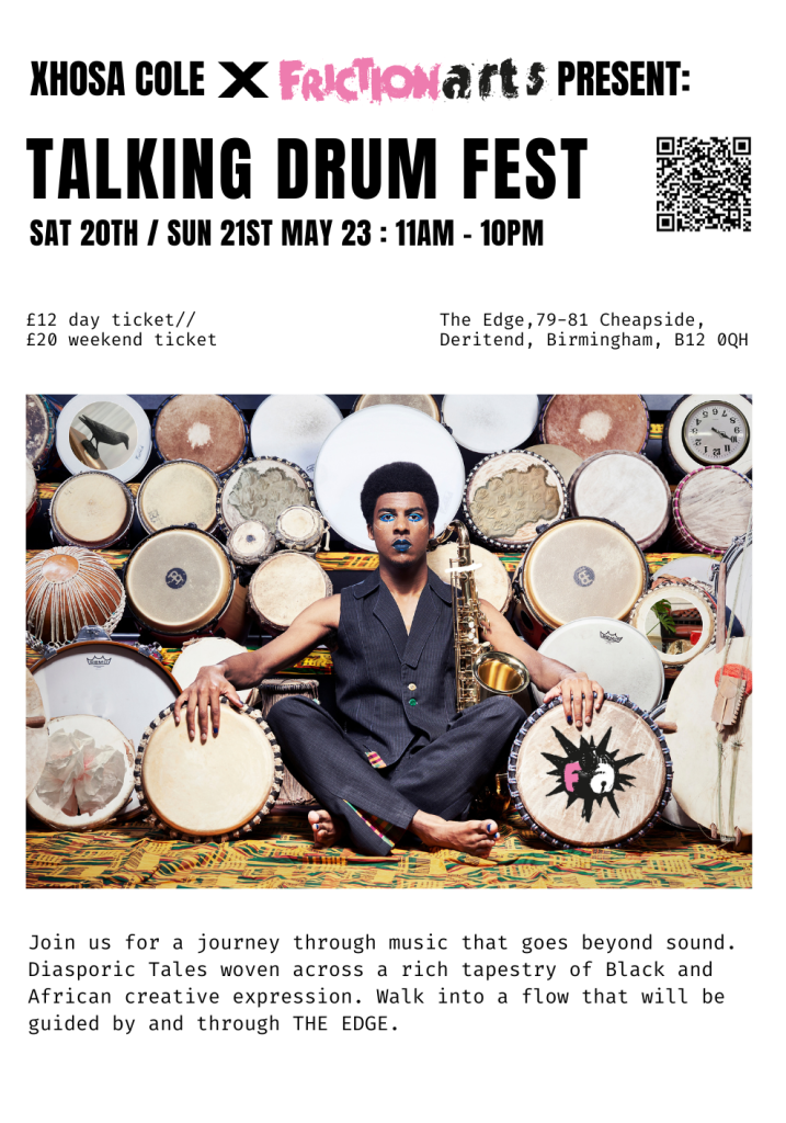 Flyer for Talking Drum Fest featuring a man cross-legged in front of a wall of drumskins of different sizes.