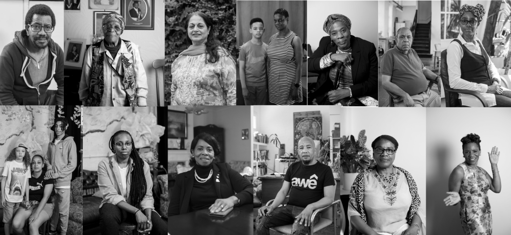 A panel with 12 black and white photographs of a diverse range of people