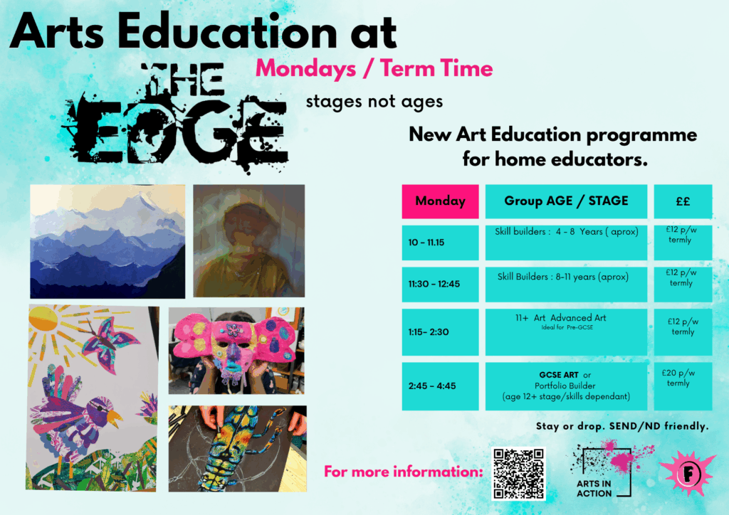 Front page of flyer for the Arts education at the edge classes, advertising the timetable and styles of art