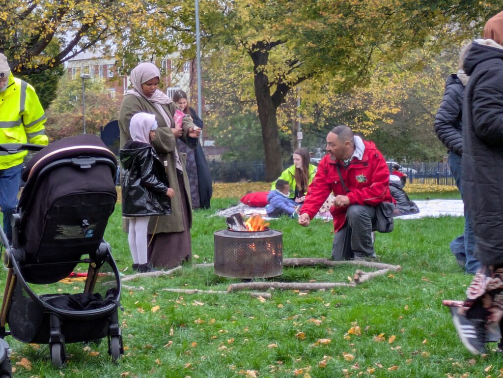 Russell demonstrates how to approach a fire