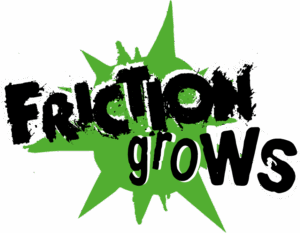 Friction Grows on a white background with a green bomb-like logo