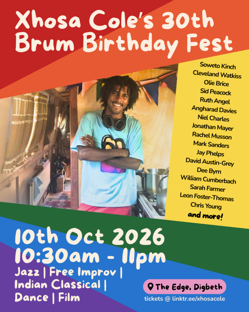 A poster for Xhosa Cole's 30th Birthday Party on 10th October 2026 at the Edghe. He is seen smiling, with arms folded and surrounded by stripes of many colours