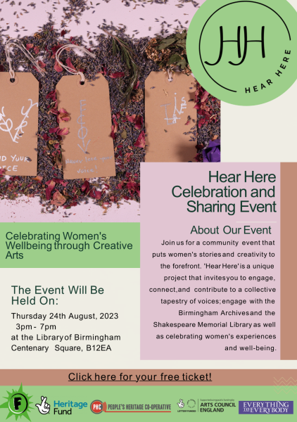 Flyer for hear here event at library of birmingham on 24th august from 3pm to 7pm